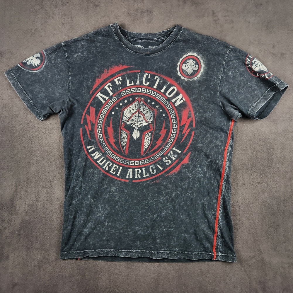 Affliction Andrei Arlovski Spartan Shirt Mens XL Black Acid Wash Graphic Tee MMA